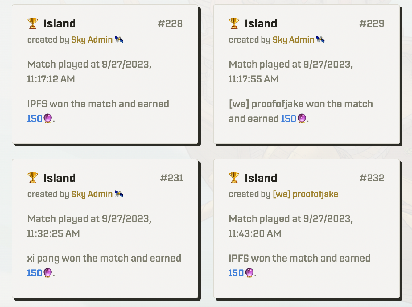 228, 229, and 232 were The WASD Cup matches!