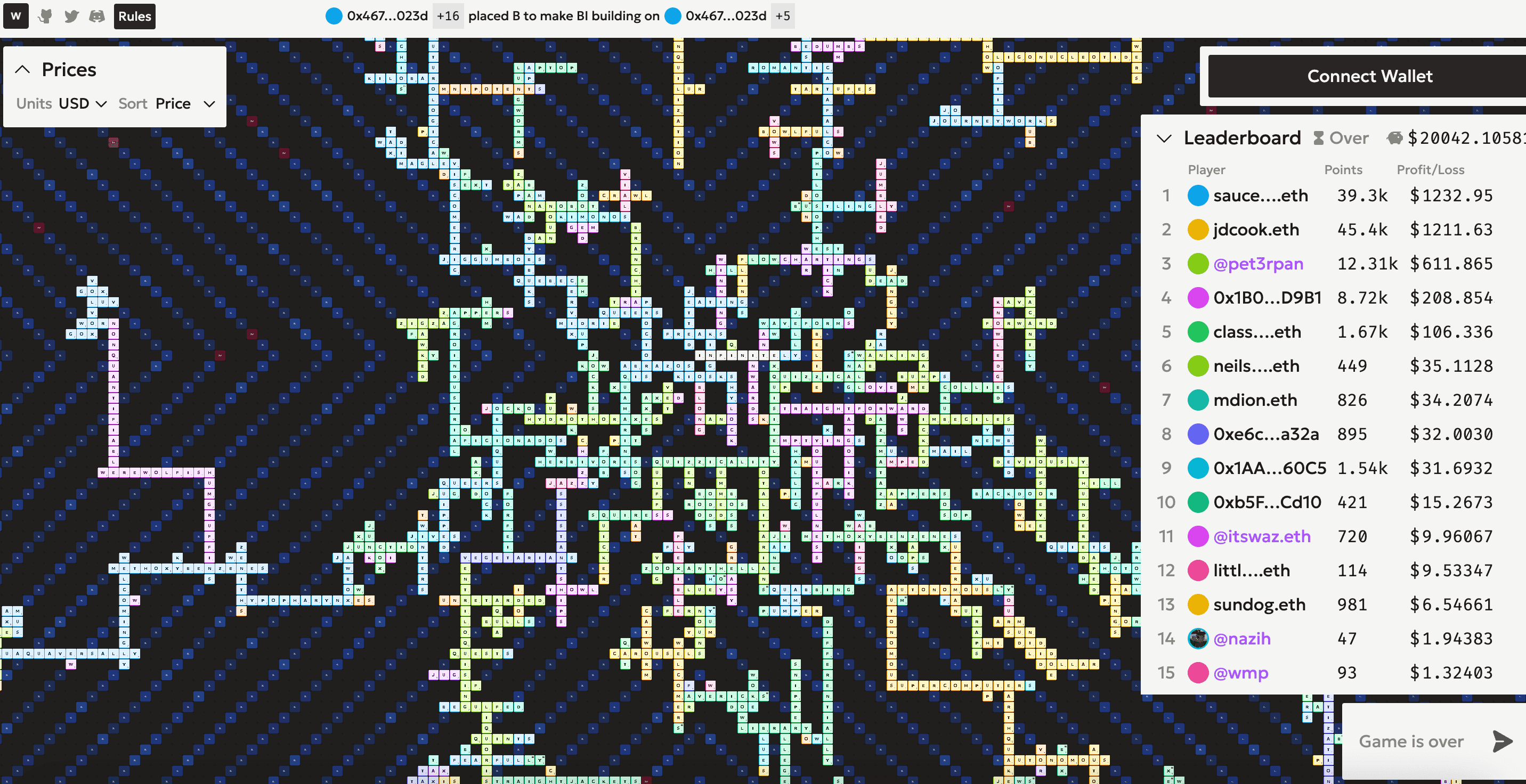 The Words3 board from their first mainnet game on Base. Unsurprisingly, I was deeply unprofitable.